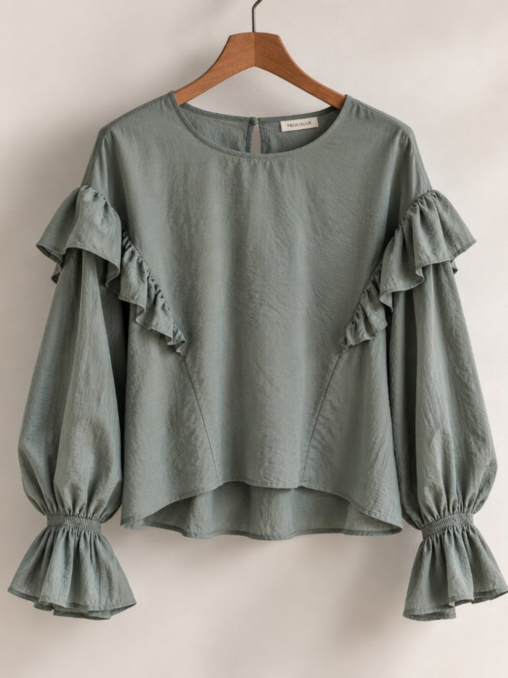 Sage Ruffle Balloon Sleeve Blouse L Romantic Prairie Whimsigoth Prologue EUC - Picture 3 of 12